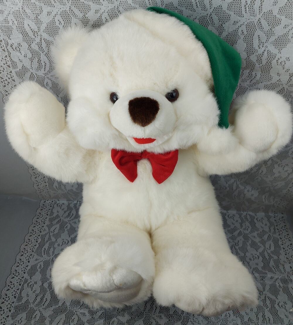 JCPenney Teddy Bear Plush Christmas White Green Hat Bow Big Holiday 25" Stuffed